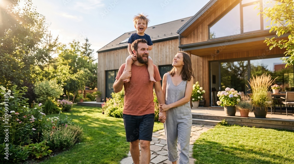 Obraz premium Smiling parents walk hand in hand along a garden path by a modern wooden house, with a laughing child on the father’s shoulders in warm sunlight. No text