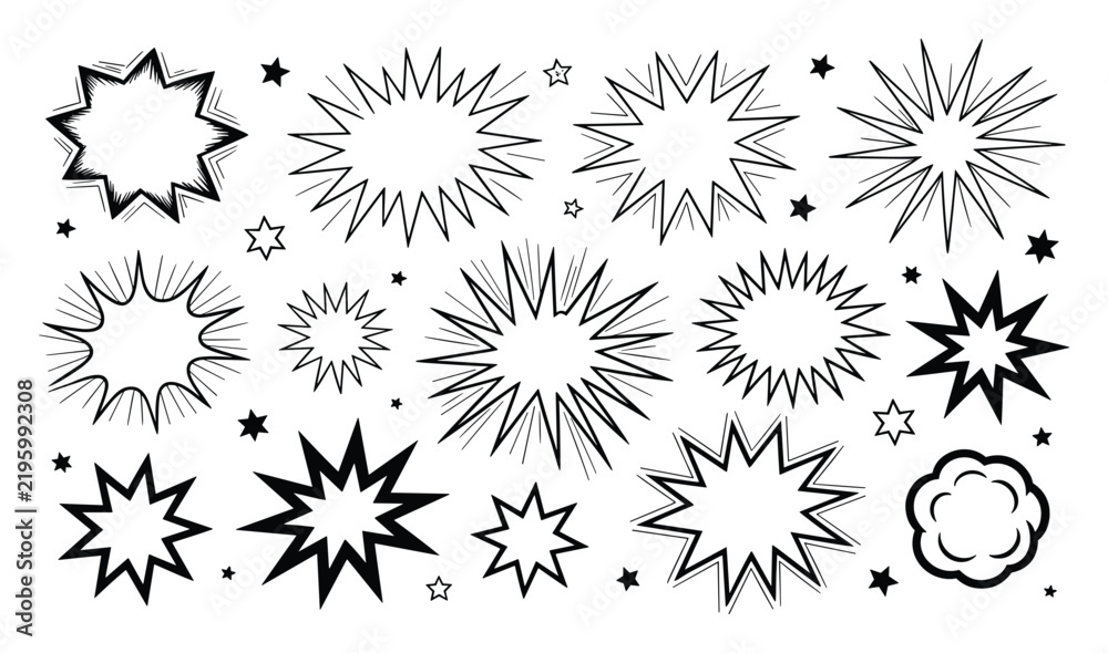 Obraz premium Set of black and white comic book style speech bubbles, explosion shapes, and star on a white background