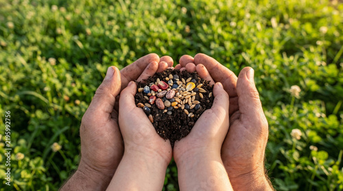 Child and adult hands holding soil with mixed seeds outdoors
