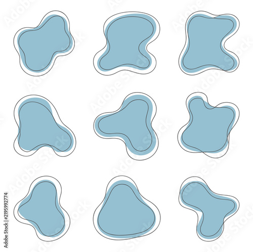 Set of nine irregular organic blob shapes with light blue fills and thin black outlines on a white background