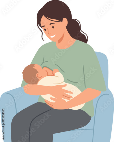 Smiling young mother sitting in a blue armchair and breastfeeding her newborn baby, motherhood and parenting flat vector illustration