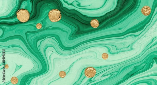A stunning abstract background featuring fluid green ink marble swirls on premium paper texture, accented by elegant shimmering gold drops, ripple, background, luxury