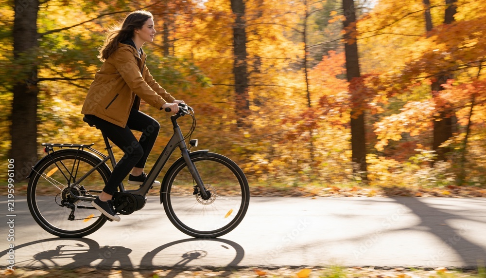 Fototapeta premium Young woman riding a bicycle on a paved forest path during autumn, active lifestyle and outdoor recreation with vibrant fall foliage and sunny nature background