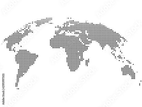 Dotted world map with connected black points representing global network on transparent background