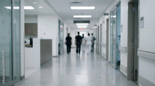 Blurred medical professionals walking down a brightly lit modern hospital corridor during their busy working shift