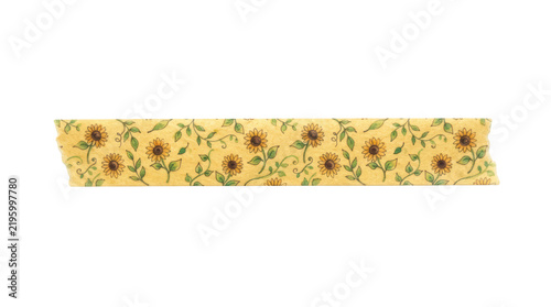 Decorative washi tape strip with a sunflower and vine pattern isolated on transparent background