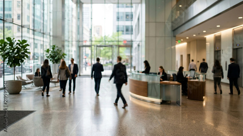 Busy business professionals walking through a modern bright office lobby with large windows and plants
