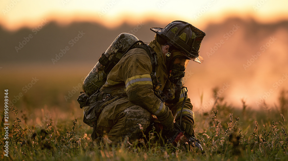Fototapeta premium Brave firefighter work outdoor field sunset smoke gear rescue help safety