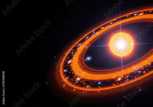 Orange rings of a protoplanetary disc surround a young star, showcasing floating molecular structures and the birth of cosmic organic matter, glowing, orange, cosmic