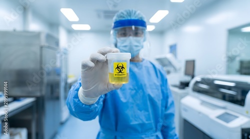 Medical Lab Technician in Protective Gear Holding Biohazard Specimen Container for Disease Analysis and Virus Testing in Modern Laboratory