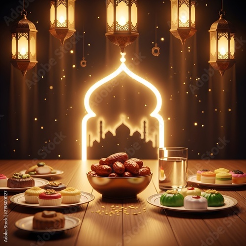 Ramadan Iftar Celebration Table with Dates, Traditional Food and Glowing Islamic Lanterns, Elegant Mosque Background for Muslim Festival, Religious Event, Hospitality, and Cultural Design