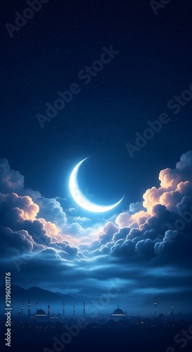 Crescent Moon Above Dramatic Clouds in Blue Night Sky, Beautiful Islamic Spiritual Background for Ramadan Kareem, Muslim Festival, Religious Greeting, Prayer, Faith, and Peaceful Atmosphere