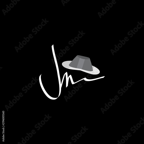 western cowboy hat monogram logo with JM initials, handwritten script lettering, vintage logo JM, signature logo