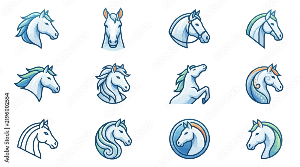 Fototapeta premium Set of twelve stylized horse head icons and equestrian symbols.
