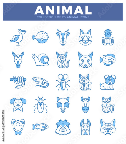 simple blue line art animal icons on white background. animal icons.