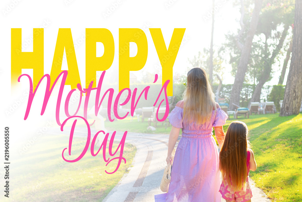 Naklejka premium Happy Mother's Day celebration on May 10 with mother and daughter outdoors