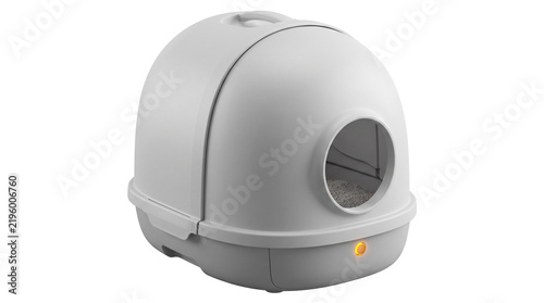 Modern automatic cat litter box, self-cleaning hooded pet toilet, sleek grey plastic feline waste station isolated on white background