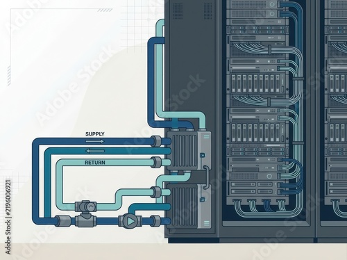liquid cooled data center infrastructure Diagram of a complex pipe system connected to an industrial control panel.