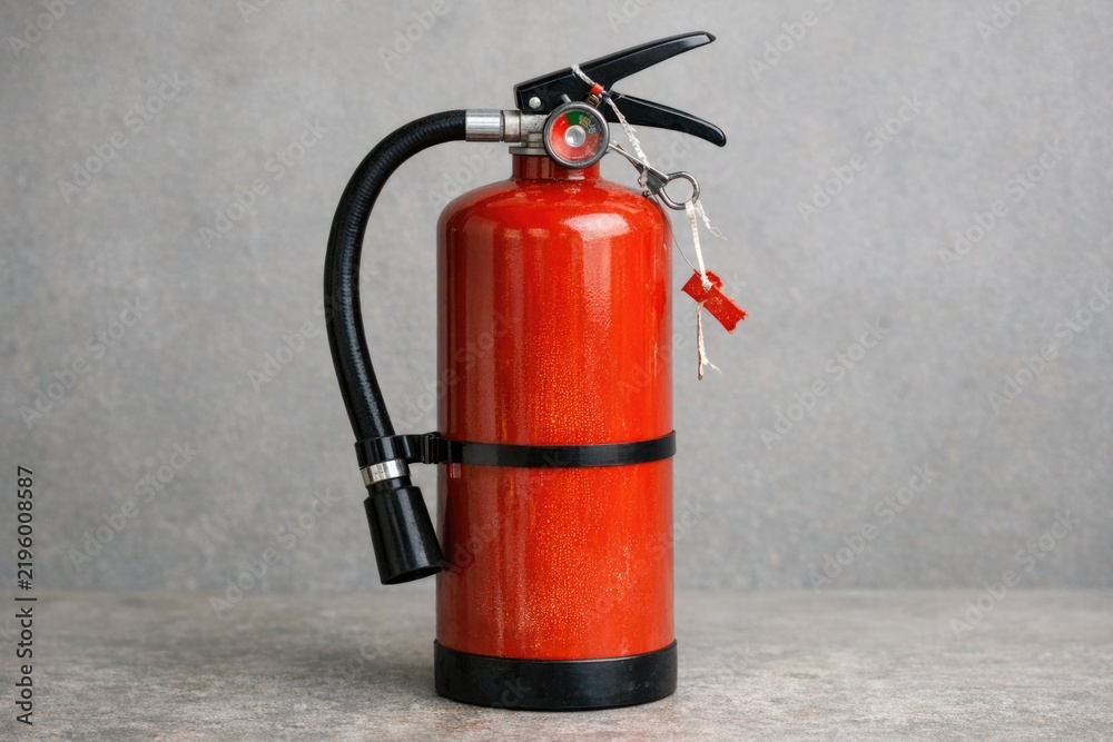 Obraz premium Red fire extinguisher sitting on a table, ready for use