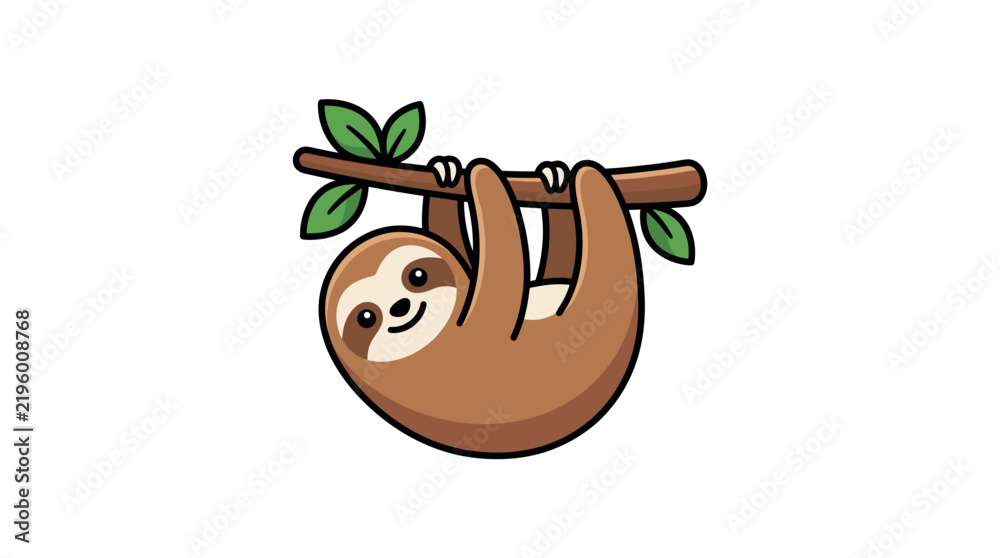 Fototapeta premium A cute cartoon sloth hanging on a branch. This happy vector illustration features a simple design style, perfect for children branding, stickers, kids apparel, or playful nature designs.
