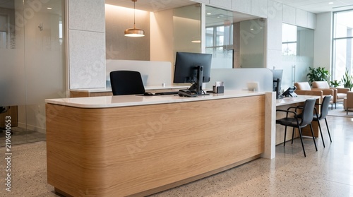 Modern professional bank reception desk with office furniture in a bright contemporary business lobb