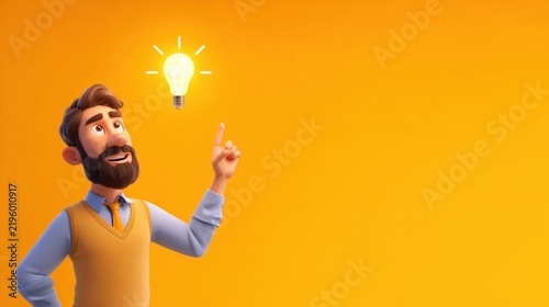 A cartoon man with a beard pointing upwards at a glowing light bulb on an orange background