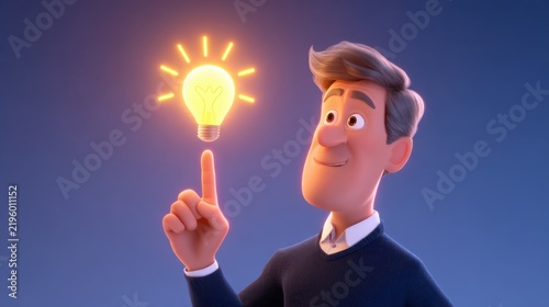 A cheerful man with a light bulb over his finger, expressing an idea in a vibrant background