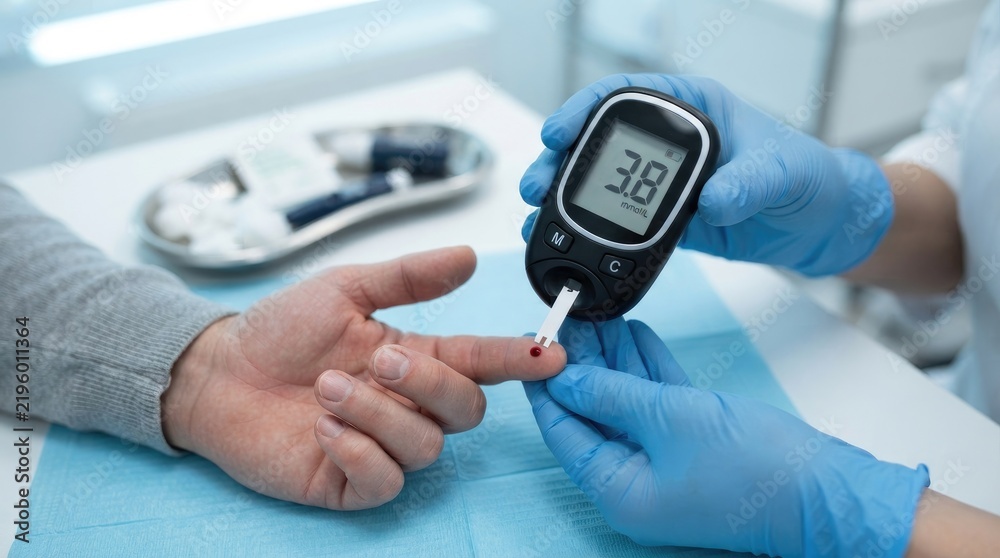 Fototapeta premium Closeup of a medical professional checking a patients blood glucose level with a digital glucometer world diabetes day