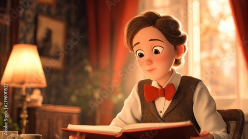 A young boy with a bow tie reads a book in a warmly lit, vintage-style room