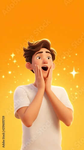 A surprised young man with styled hair holds his face in awe against a bright orange sparkling backdrop