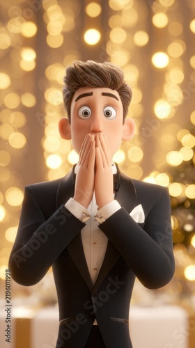 A surprised young man in a tuxedo poses with his hands on his face against a sparkling background