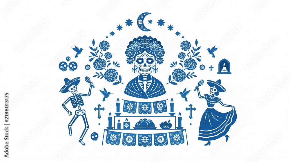 Fototapeta premium Day of the Dead altar with dancing skeletons and sugar skull woman