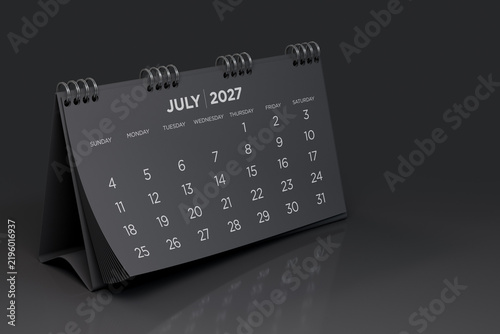 Black Spiral Desktop Calendar Showing July 2027 Month