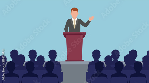 Foto Speaker at podium addressing an audience, public speaking event illustration