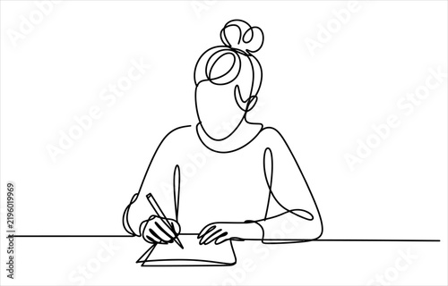 Continuous single line drawing of a woman writing in a notebook with a pen at a desk