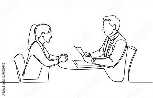 Continuous single line drawing of a man and woman having a business meeting or job interview at a table