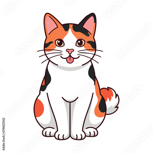 Fotografie Adorable cartoon character of a sitting tricolor japanese bobtail cat with tongue out
