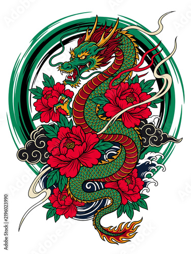 Traditional oriental dragon illustration with red flowers and circular frame design element isolated on transparent background