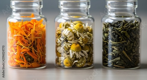 Three glass jars filled with dried calendula petals, chamomile flowers, and green tea leaves, showcasing natural herbal ingredients.