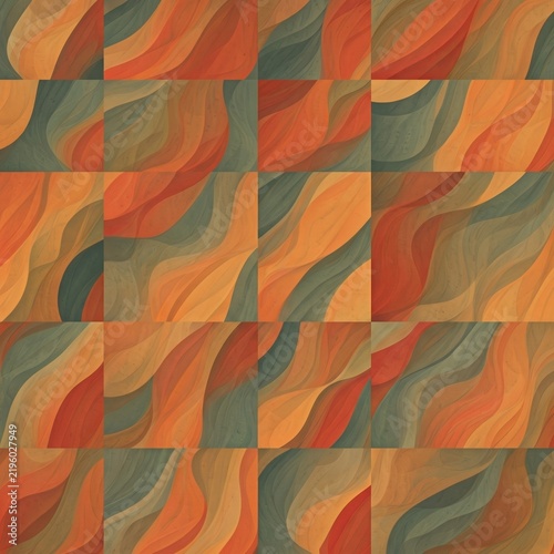 Abstract Geometric Wavy Square Tile Seamless Pattern With Earthy Swirls
