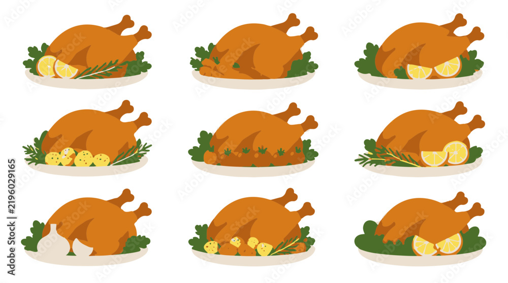 Obraz premium Set of Nine Flat Vector Illustrations of Roasted Whole Chickens with Garnishes