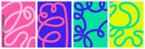 Colorful wavy line poster background set. Abstract psychedelic groovy patterns in pink, purple, green and yellow. Bold geometric curves for sale, banner, wallpaper, flyer, social media design