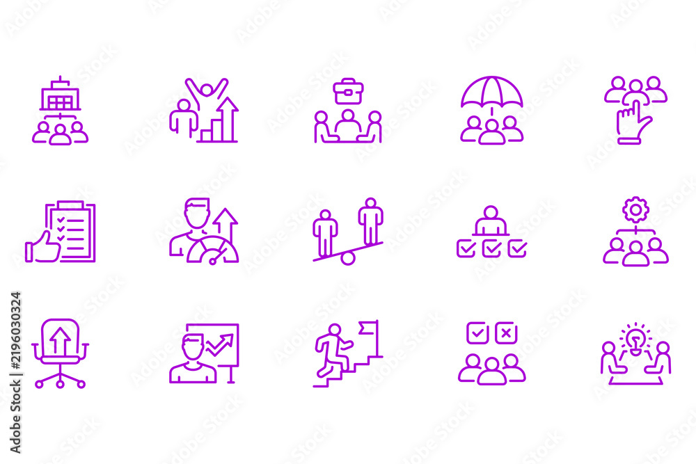 Obraz premium Set of fifteen flat line business icons representing team management growth and professional development strategies on white background for corporate presentations.