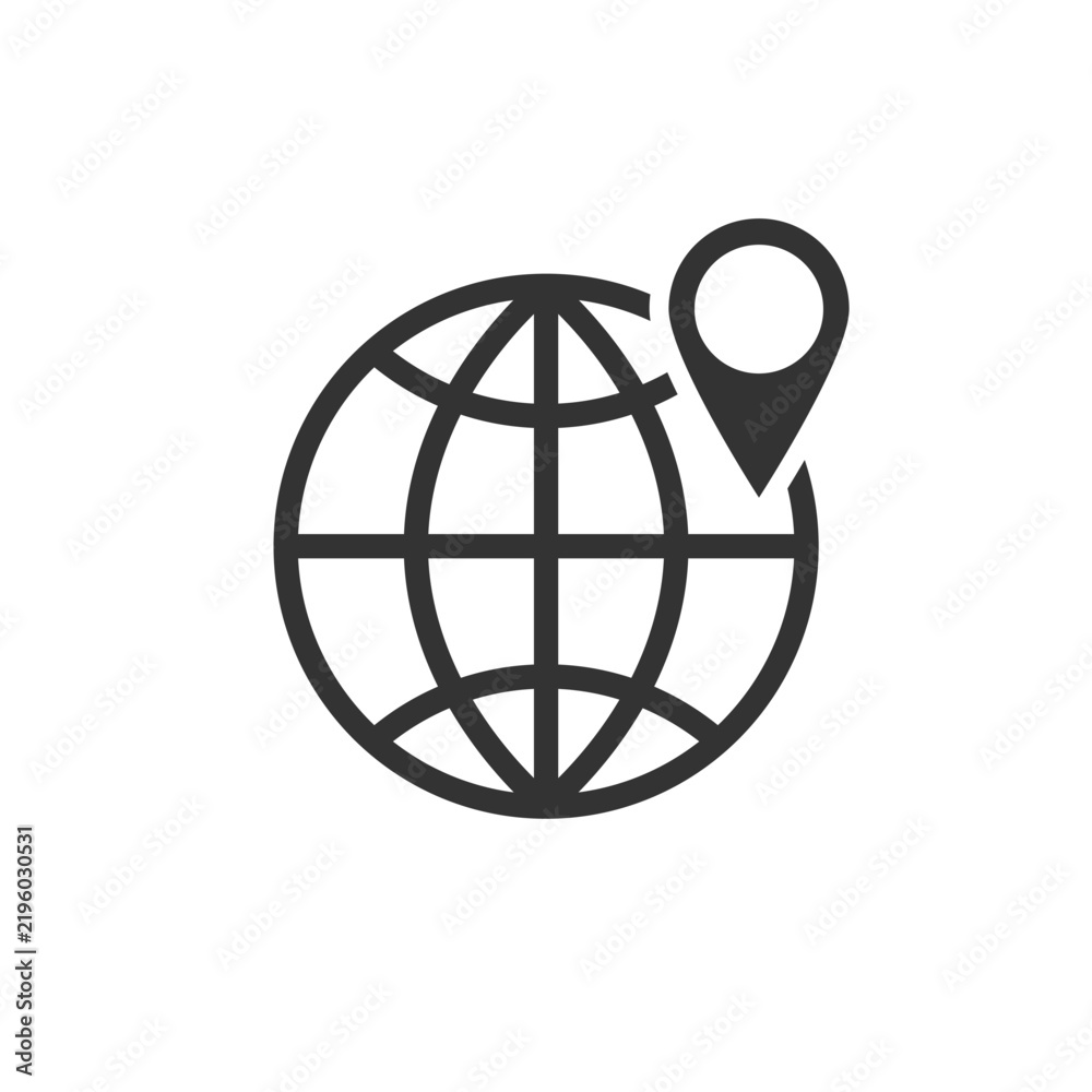 Obraz premium Globe with location graphic icon. Planet Earth with pointer location. Location navigation isolated symbol on white background. Vector illustration 