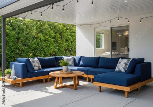 Modern outdoor living space features a large navy blue sectional sofa, round wooden coffee table, and hanging lights under a covered roof, blue, hardwood, patio