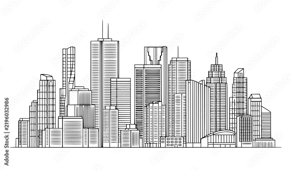 Obraz premium Title: Detailed city skyline outline and urban metropolis vector illustration