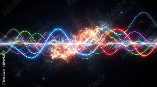 Abstract visualization of multicolored energy waves colliding in a cosmic explosion of light