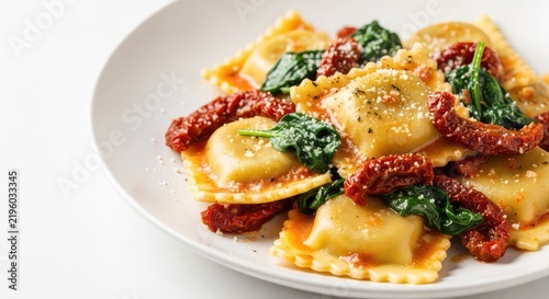 Tender ravioli pillows coated in a rich sun-dried tomato and spinach cream sauce, served elegantly on a clean white ceramic dinner plate, herbs, cooking, meal