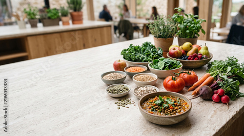 Healthy plant-based food ingredients and lentil soup on kitchen counter with copy space