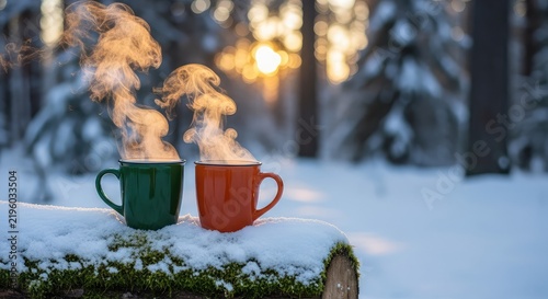 Two ceramic mugs of hot tea emit steam while resting on a green mossy log amidst a peaceful snow covered winter forest at dusk, scenic, peaceful, break